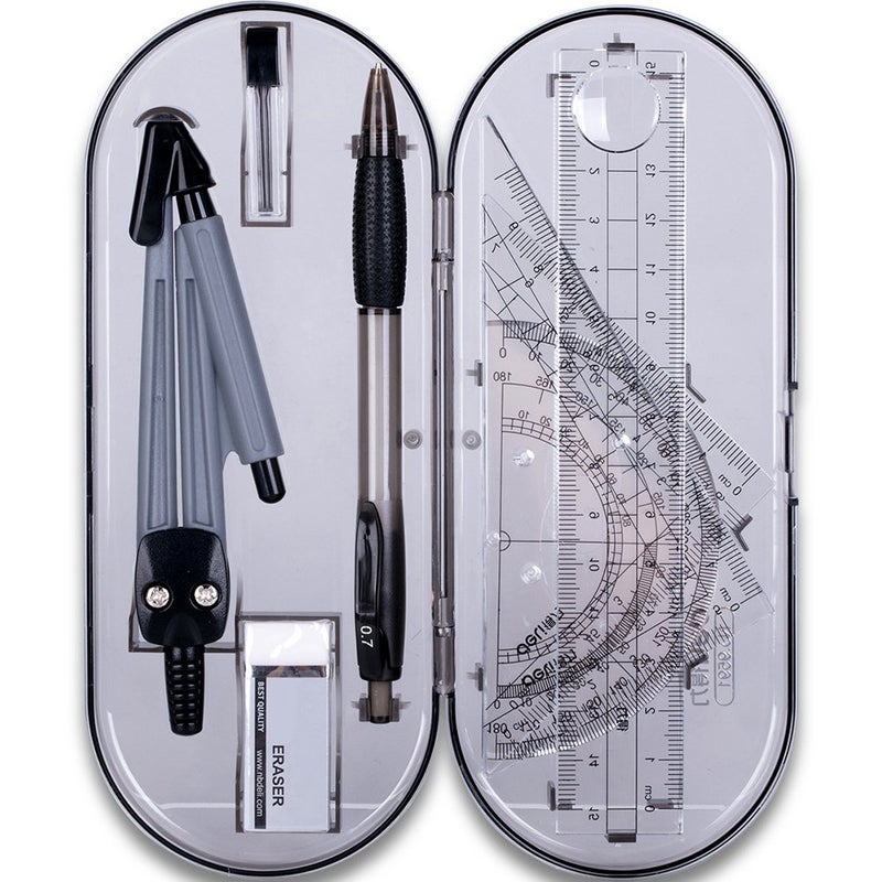 MeetUs Math Geometry Kit Set 8 Pieces Student Supplies with Shatterproof Storage Box & Reusable Pouch,Includes Rulers,Protractor,Compass,Pencil,Eraser.for Students and Engineering Drawings - Image 1